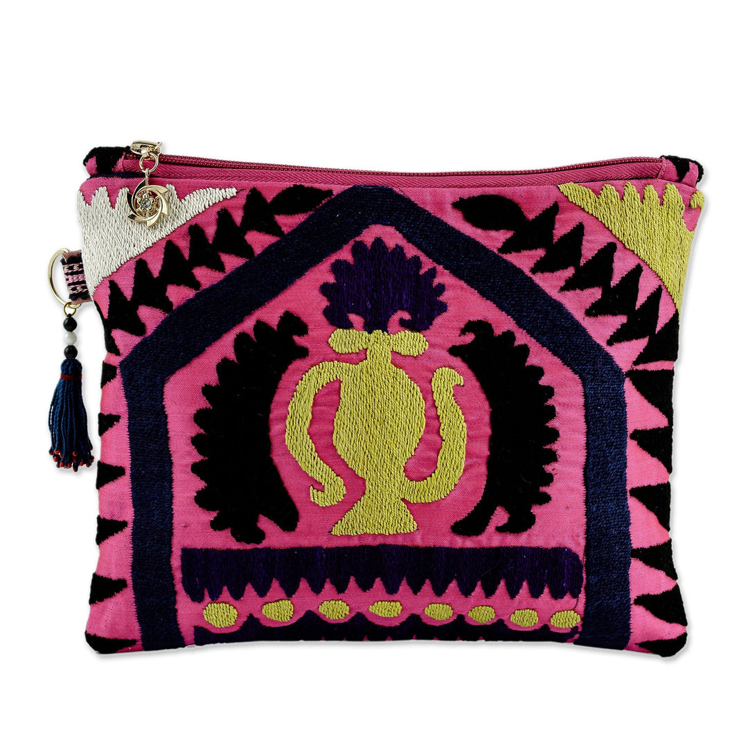 Uzbek Upcycled Travel Bag with Hand-Embroidered Teapot Motif - Yellow Teapot