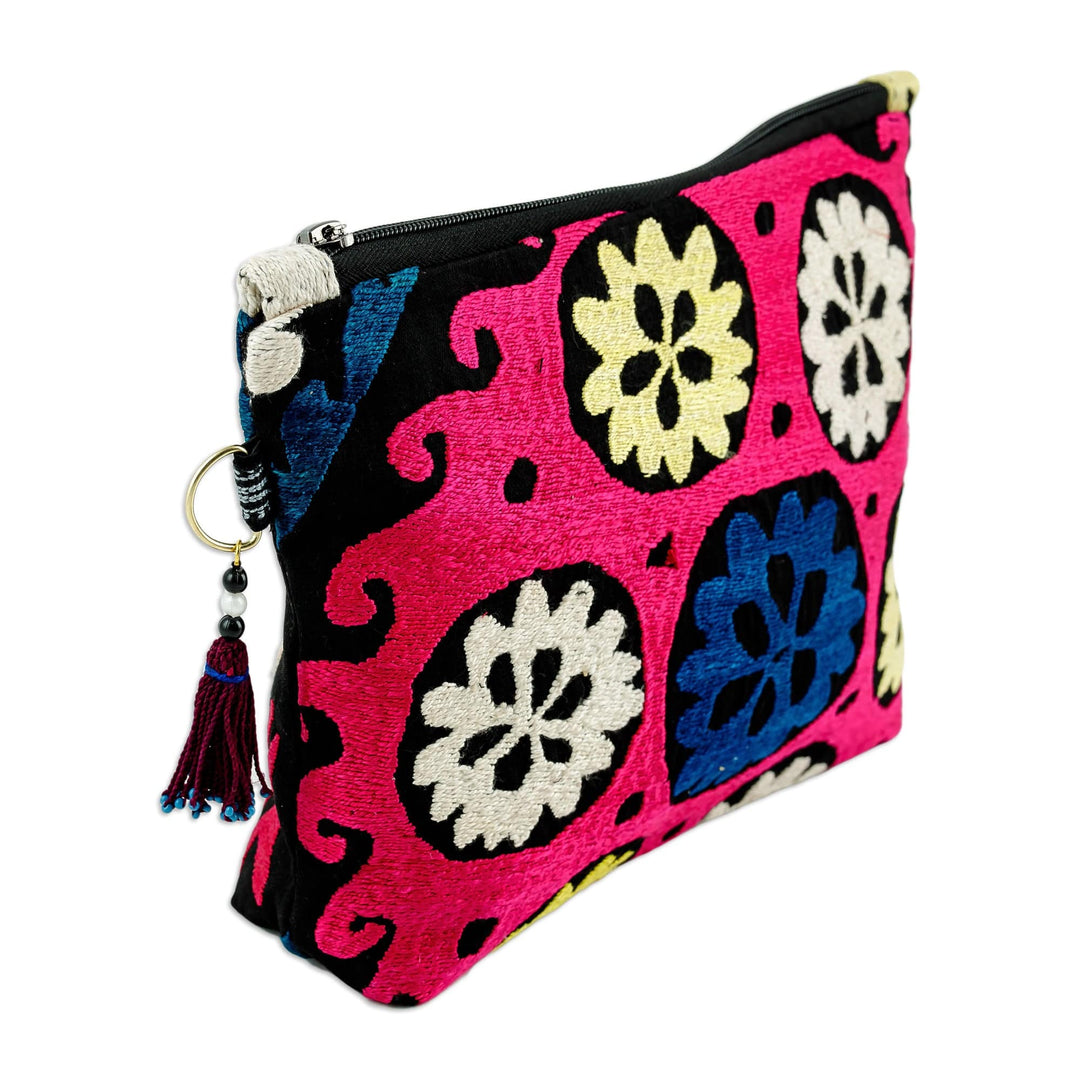 Hand-Embroidered Cotton Toiletry Case with Floral Theme - Floral Delight