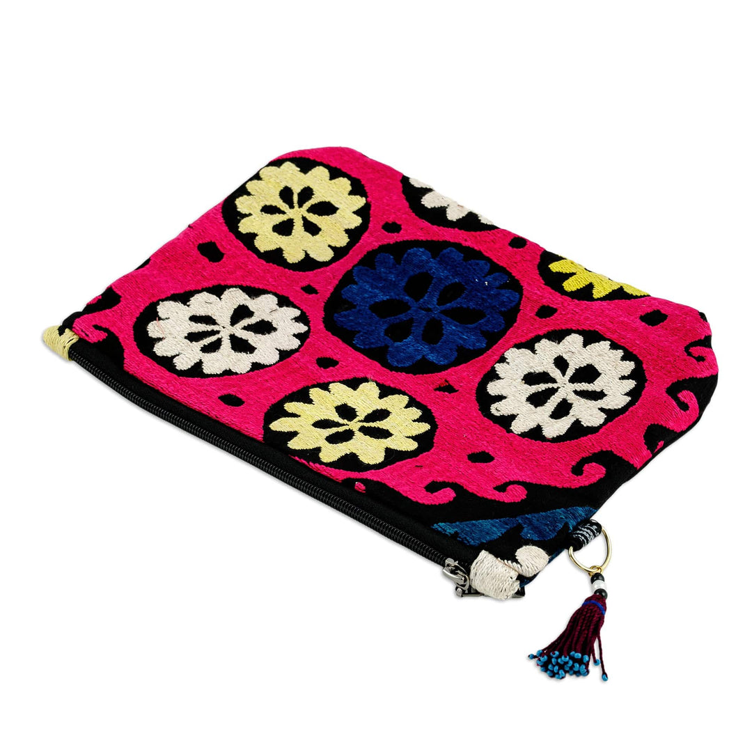 Hand-Embroidered Cotton Toiletry Case with Floral Theme - Floral Delight
