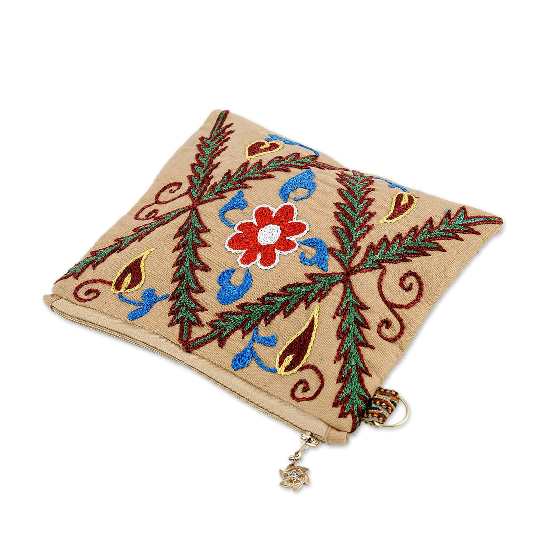 Uzbek Hand-Embroidered Cotton Floral and Leaf Toiletry Case - Precious Garden