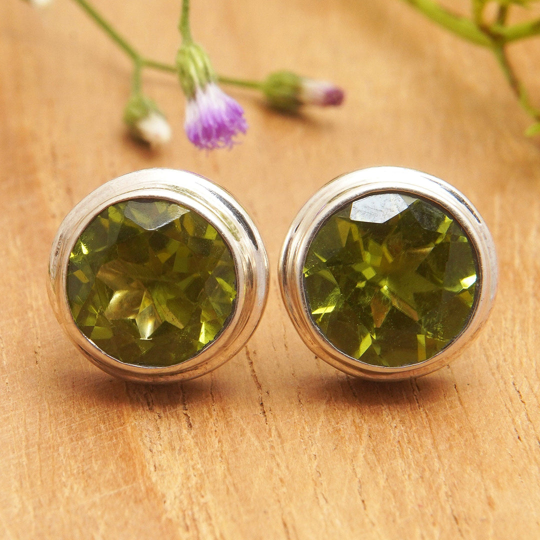 Classic Sterling Silver Stud Earrings with Peridot Jewels - Green Divine Feminineness