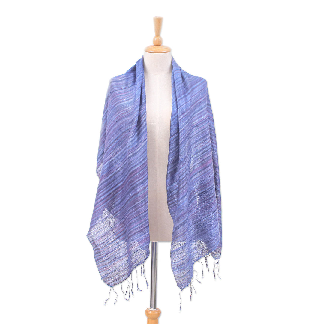 Handloomed Striped Blue and Plum Silk Shawl with Fringes - Bold Plum
