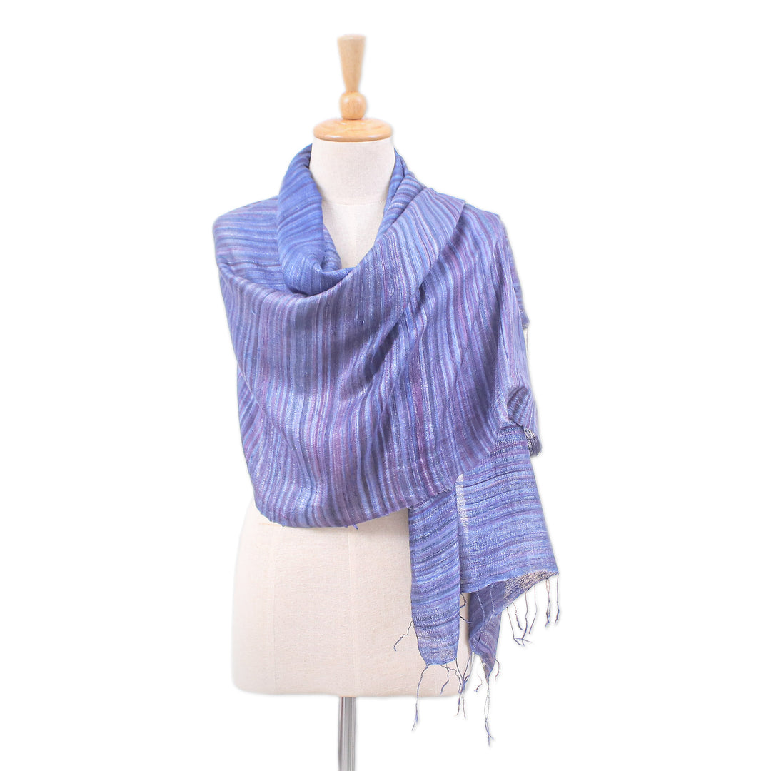 Handloomed Striped Blue and Plum Silk Shawl with Fringes - Bold Plum