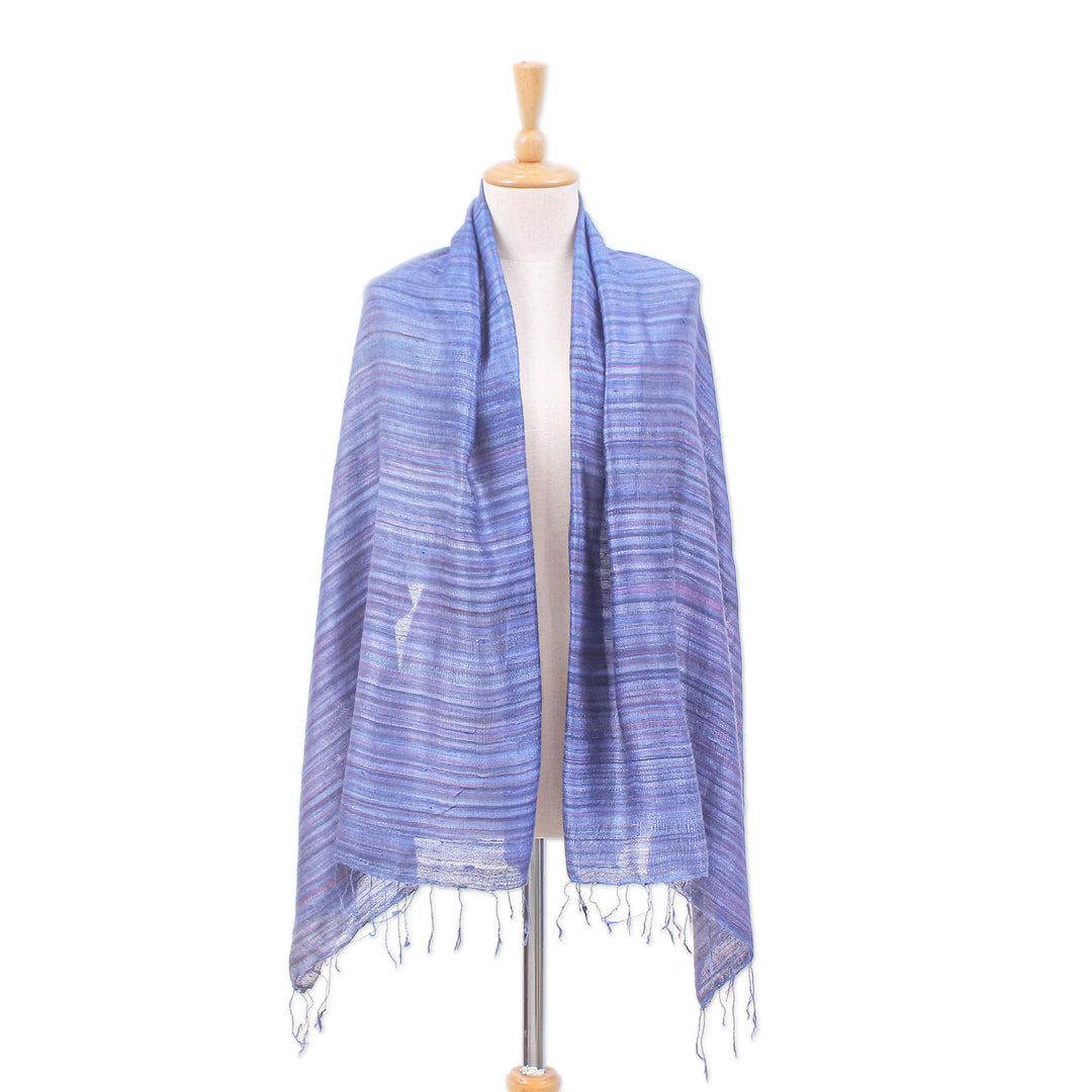 Handloomed Striped Blue and Plum Silk Shawl with Fringes - Bold Plum