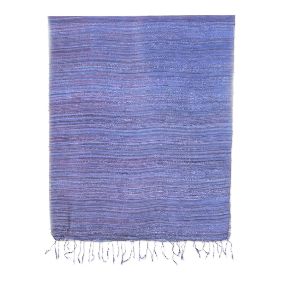Handloomed Striped Blue and Plum Silk Shawl with Fringes - Bold Plum
