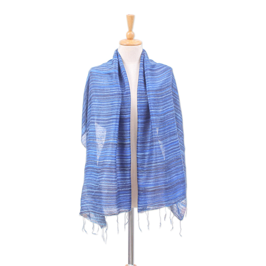 Handloomed Striped Blue and Azure Silk Shawl with Fringes - Bold Azure