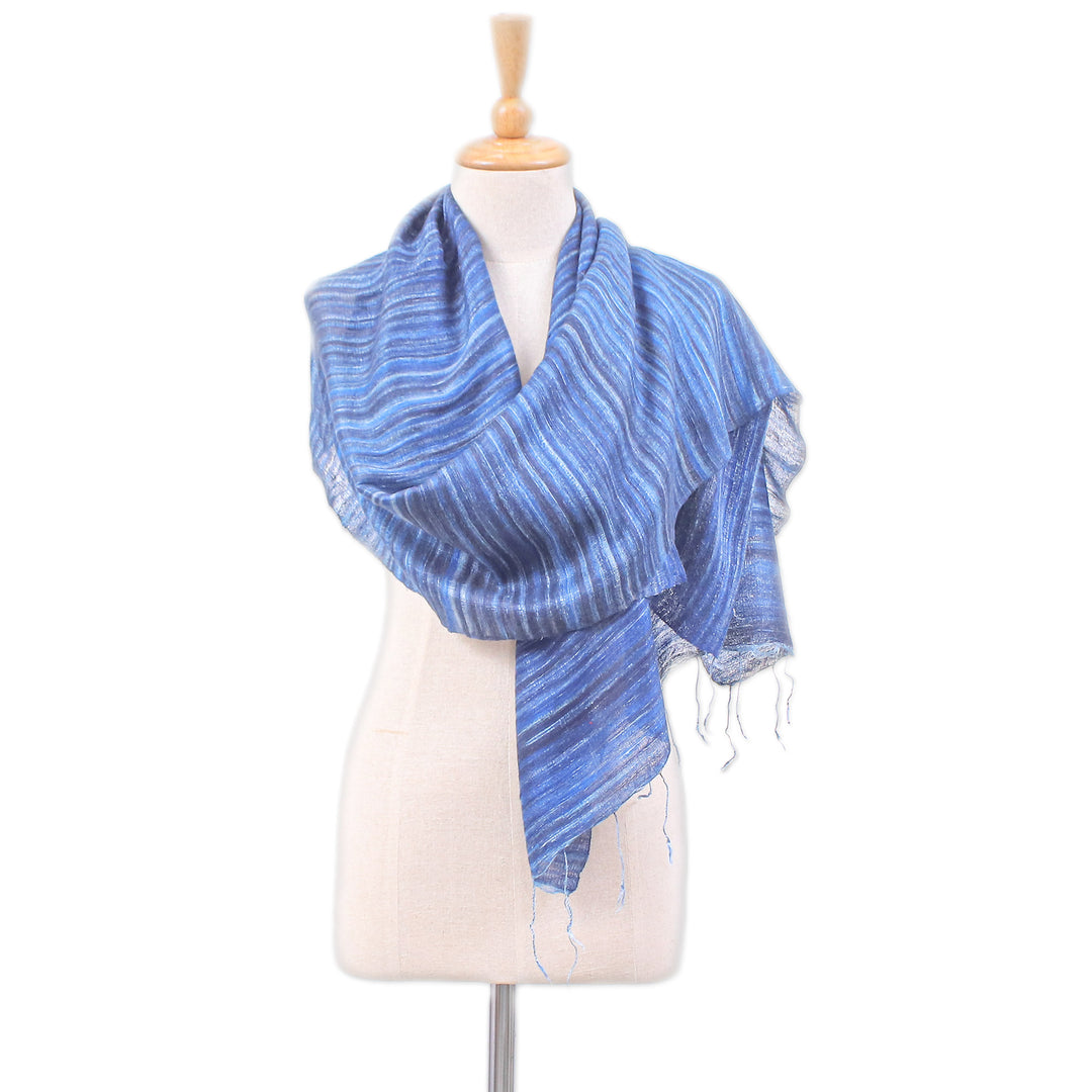 Handloomed Striped Blue and Azure Silk Shawl with Fringes - Bold Azure