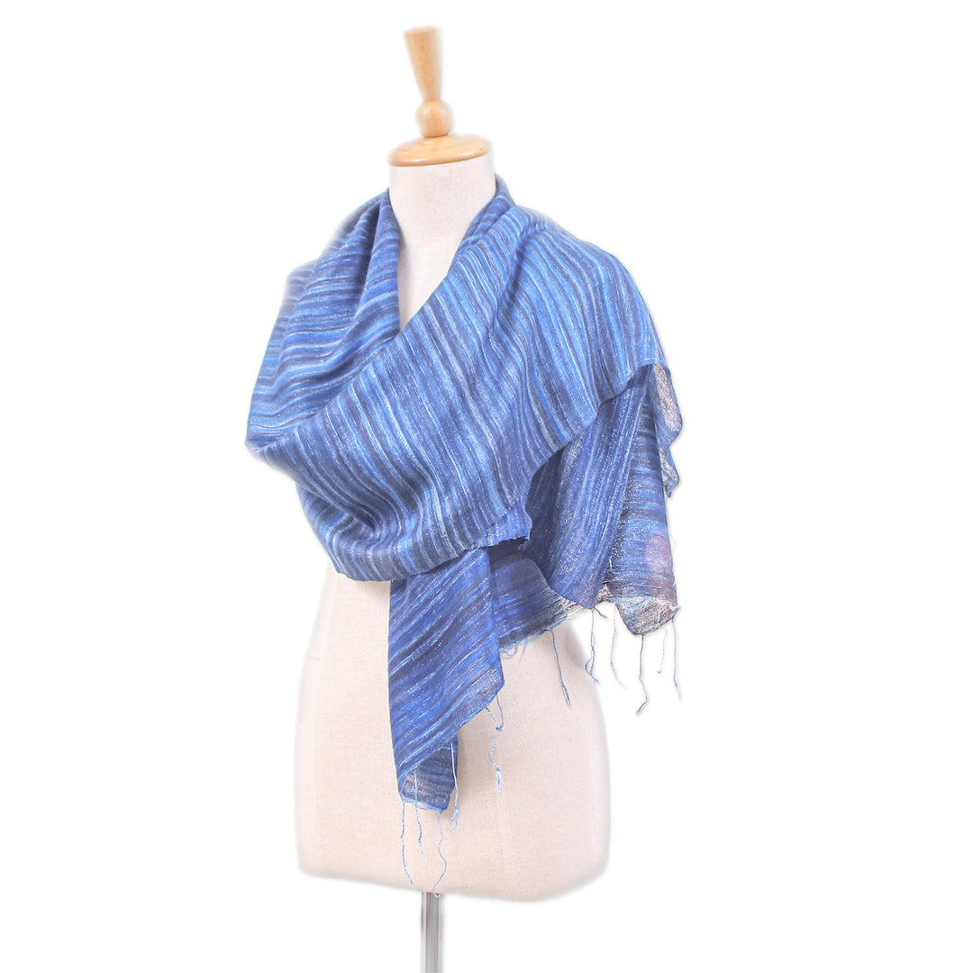 Handloomed Striped Blue and Azure Silk Shawl with Fringes - Bold Azure