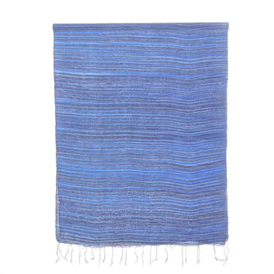 Handloomed Striped Blue and Azure Silk Shawl with Fringes - Bold Azure