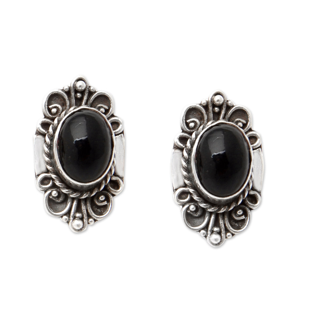 Traditional Sterling Silver Onyx Button Earrings from Bali - Supreme Night