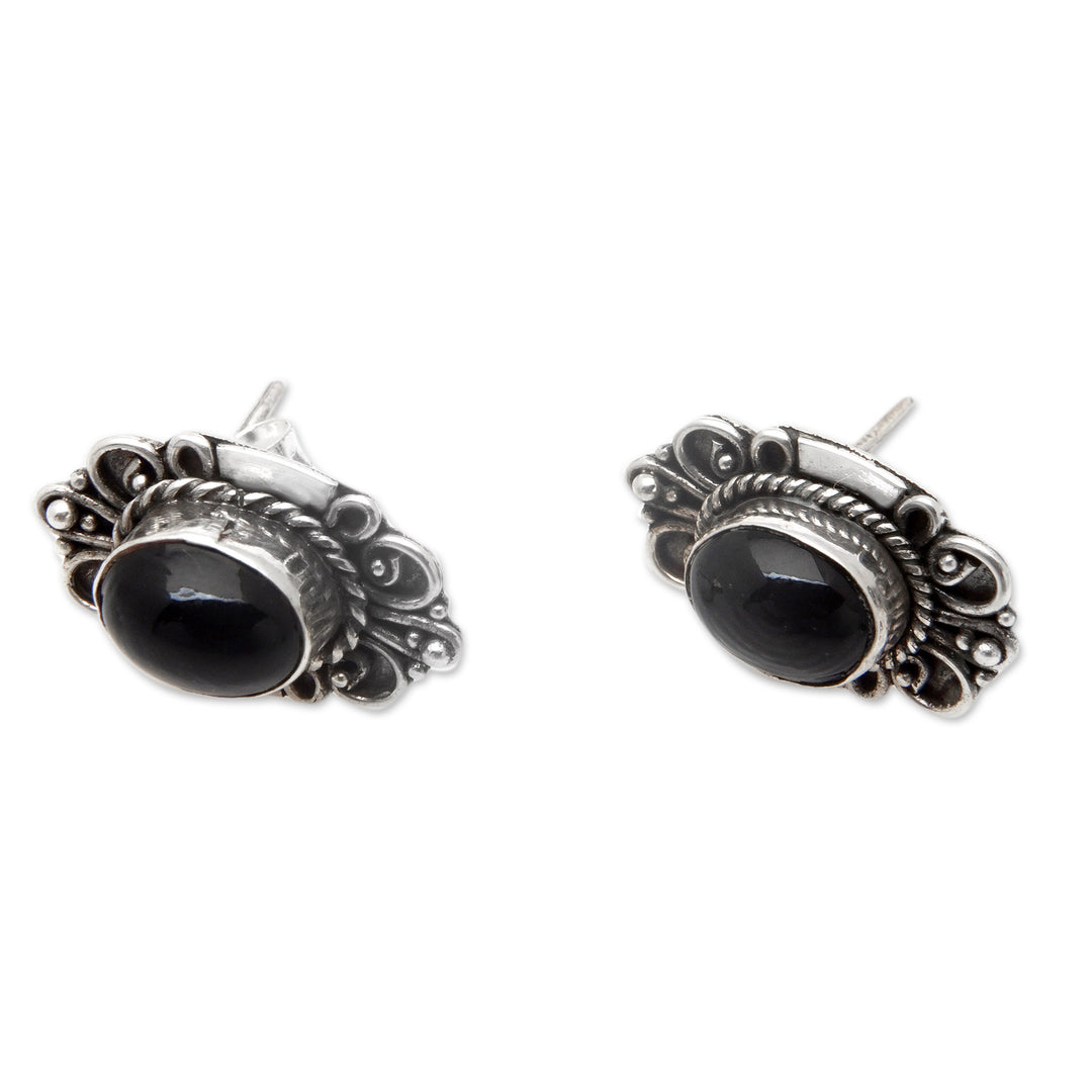 Traditional Sterling Silver Onyx Button Earrings from Bali - Supreme Night