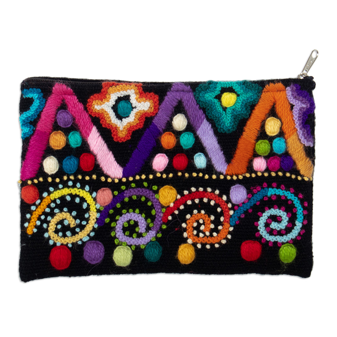Hand-Woven and Hand-Embroidered Wool Cosmetic Bag in Black - Andean Party