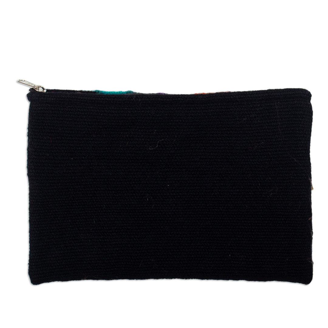 Hand-Woven and Hand-Embroidered Wool Cosmetic Bag in Black - Andean Party
