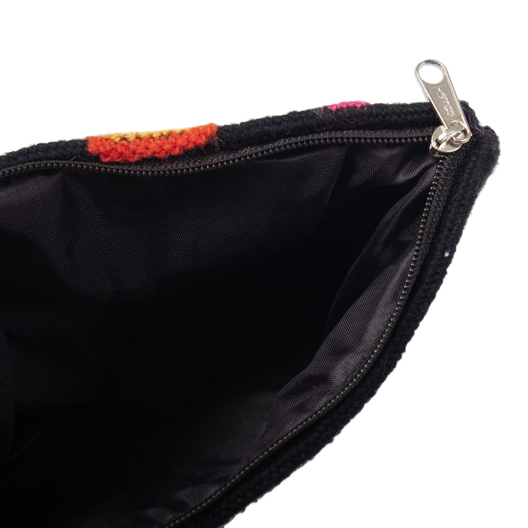 Hand-Woven and Hand-Embroidered Wool Cosmetic Bag in Black - Andean Party