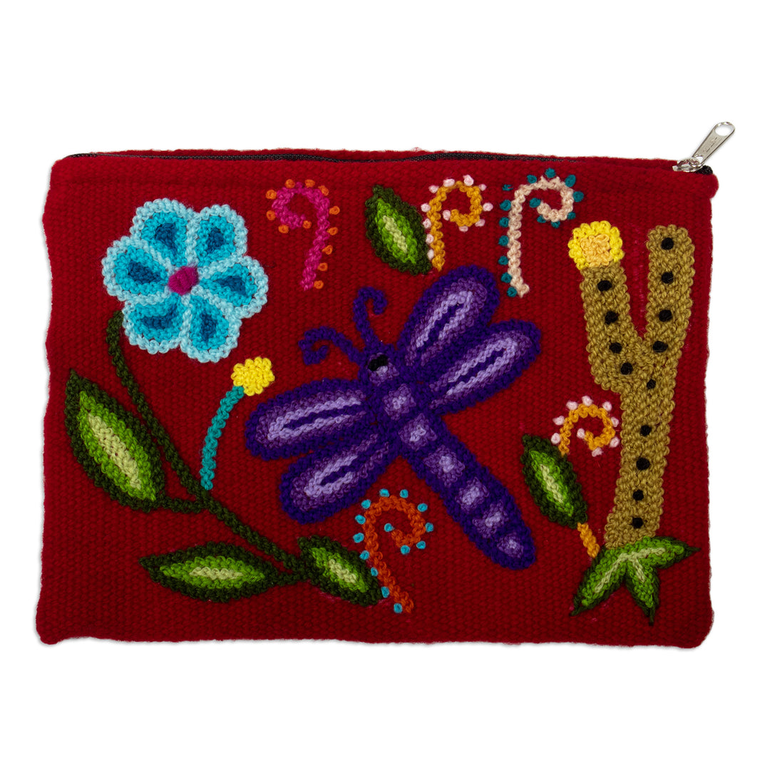 Hand-Woven Hand-Embroidered Wool Cosmetic Bag with Dragonfly - Andean Dragonfly