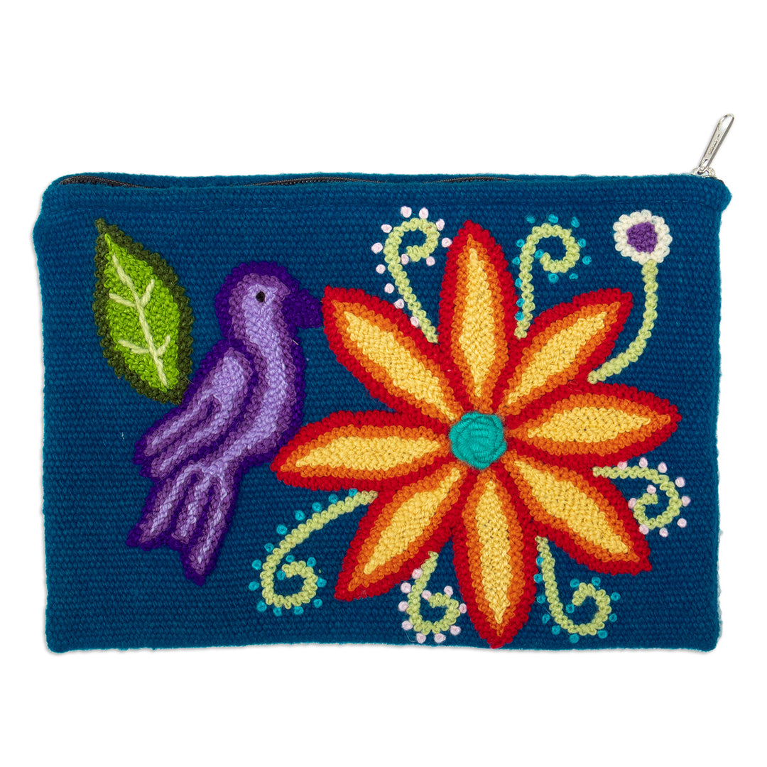 Hand-Woven & Hand-Embroidered Wool Cosmetic Bag with Sparrow - Andean Sparrow