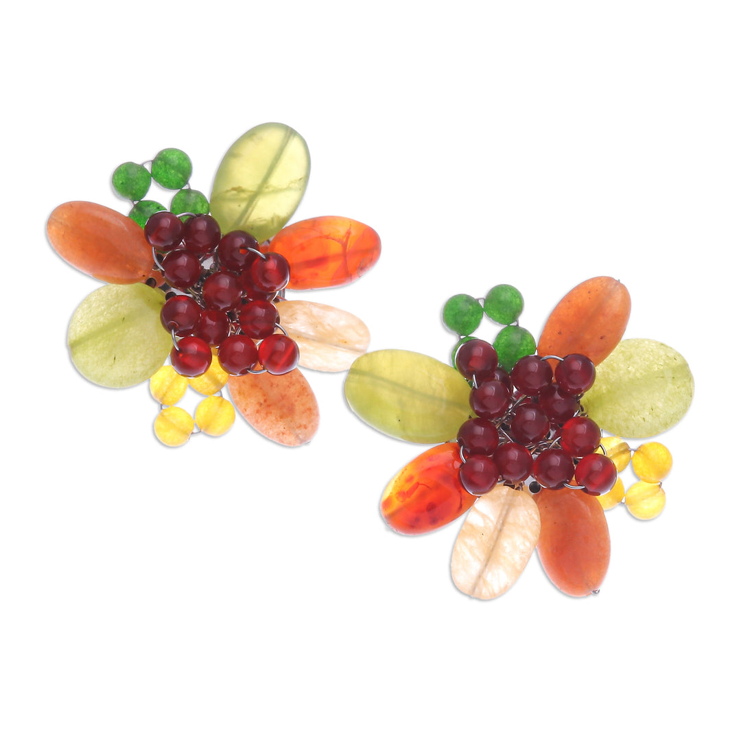 Red and Green Floral Quartz and Serpentine Clip-On Earrings - Summer Petals