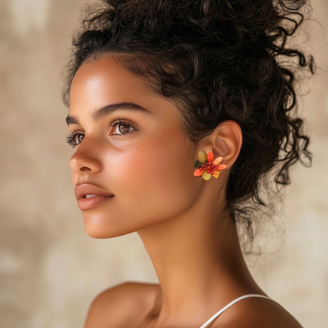 Red and Green Floral Quartz and Serpentine Clip-On Earrings - Summer Petals