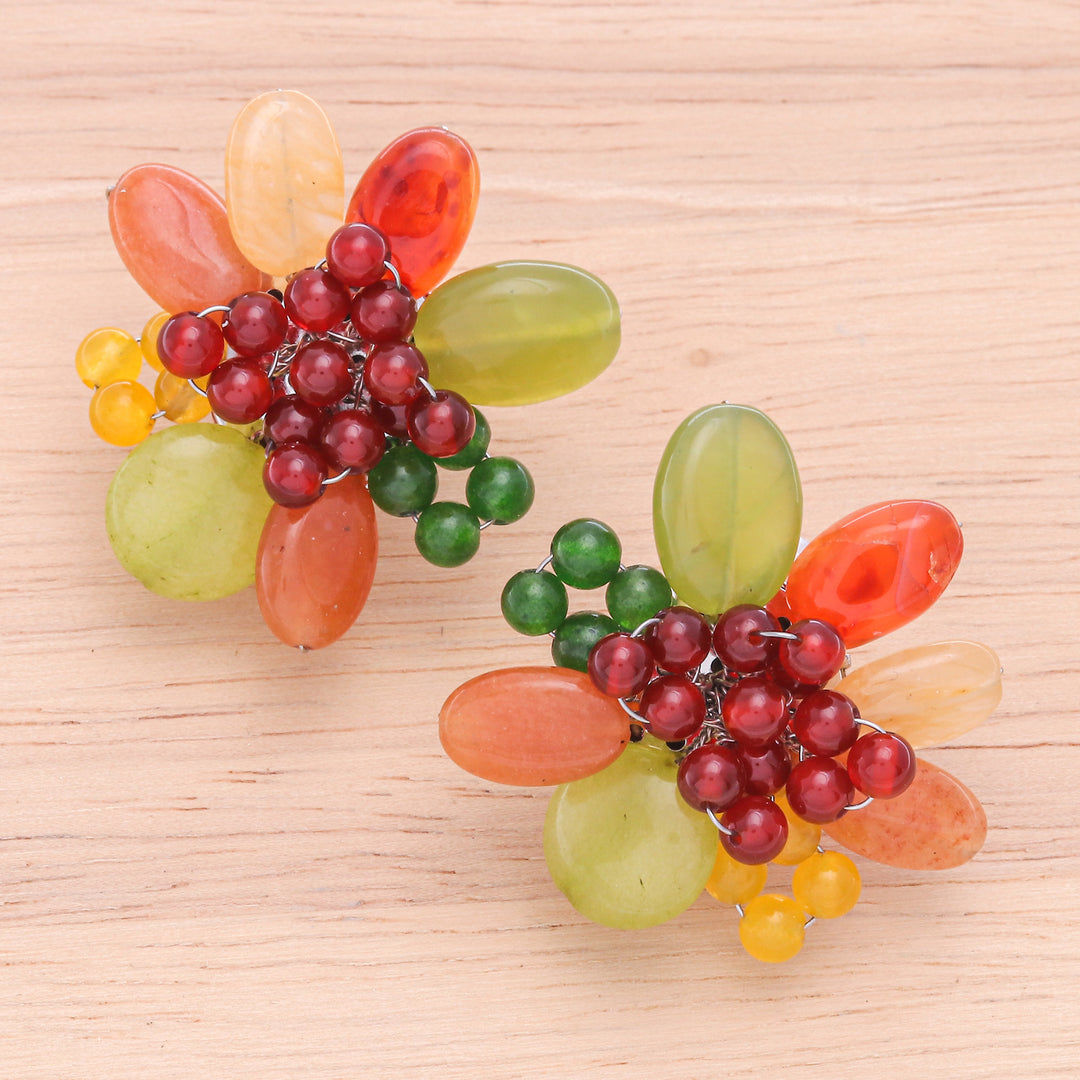 Red and Green Floral Quartz and Serpentine Clip-On Earrings - Summer Petals