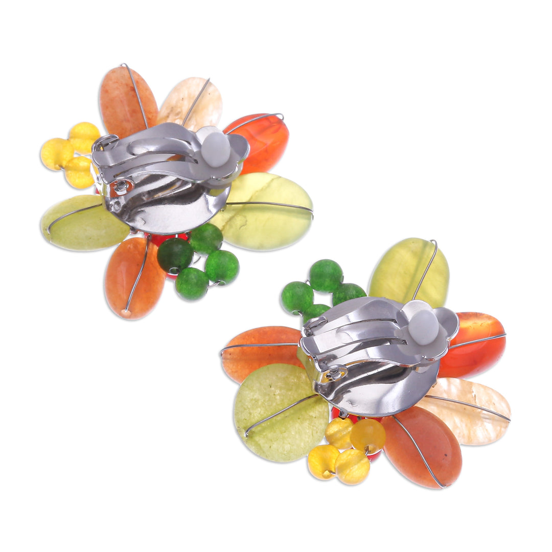 Red and Green Floral Quartz and Serpentine Clip-On Earrings - Summer Petals