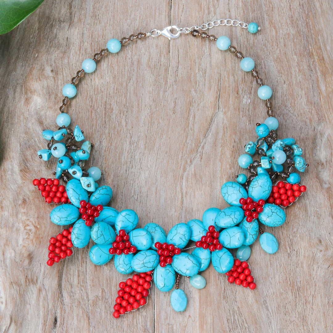 Floral Howlite and Quartz Beaded Statement Necklace - Summer Blossoming