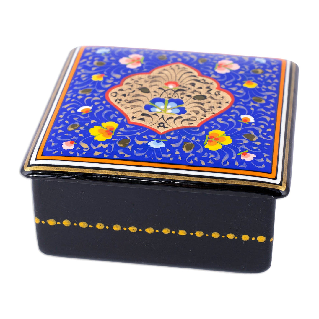 Hand-Painted Lacquered Blue Walnut Wood Jewelry Box - The Blue Aral Flowers