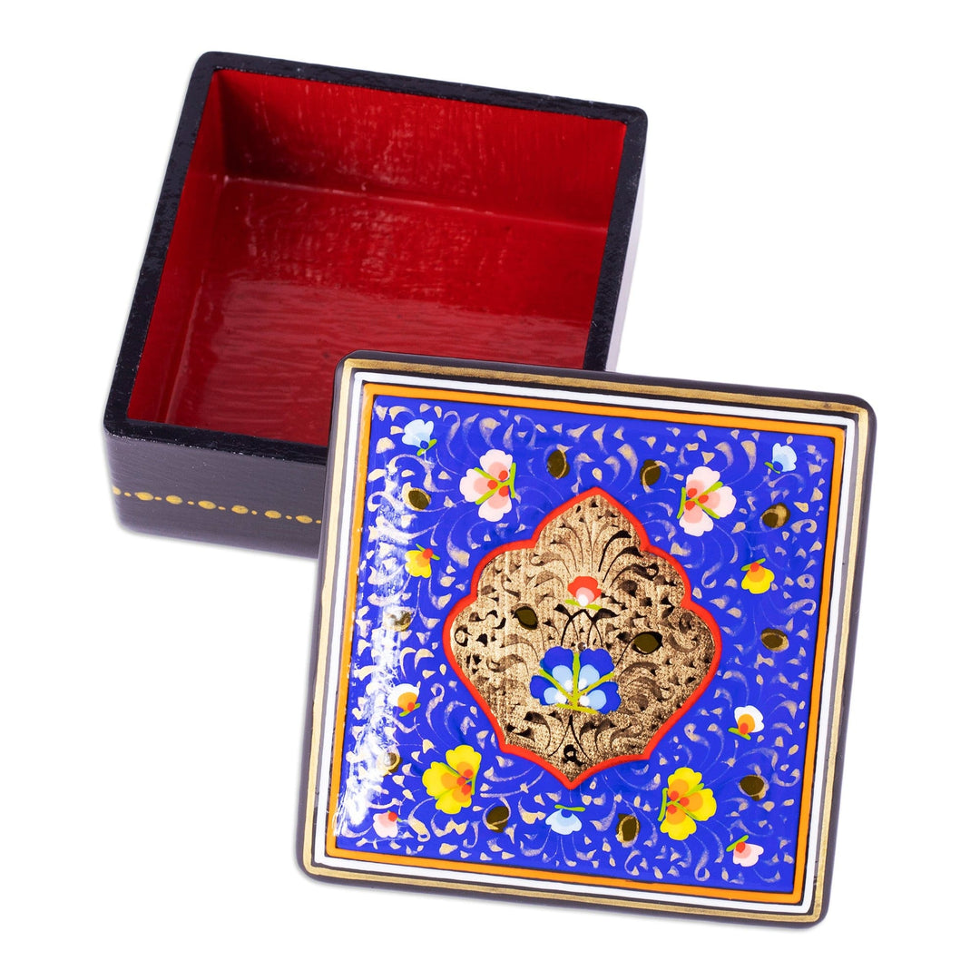 Hand-Painted Lacquered Blue Walnut Wood Jewelry Box - The Blue Aral Flowers