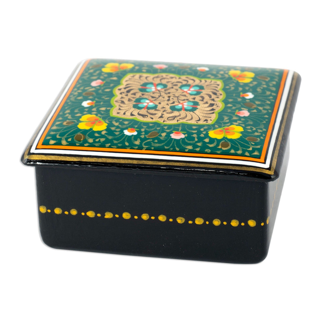 Folk Art Floral Lacquered Walnut Wood Jewelry Box in Green - The Green Aral Flowers