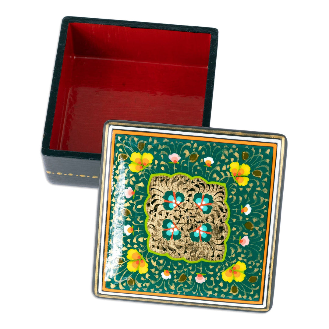 Folk Art Floral Lacquered Walnut Wood Jewelry Box in Green - The Green Aral Flowers