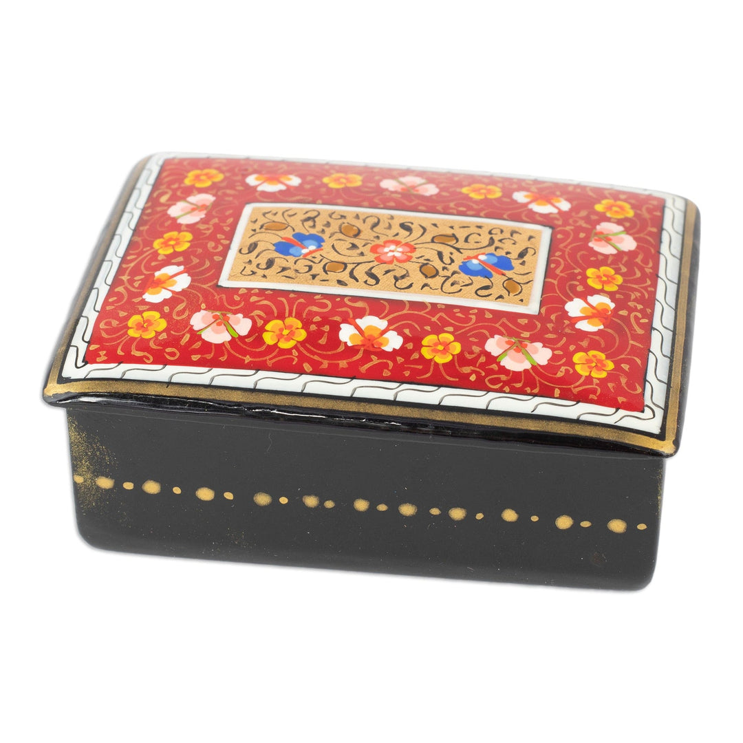 Hand-Painted Lacquered Walnut Wood Jewelry Box in Red Hues - Red Window to the Silk Road