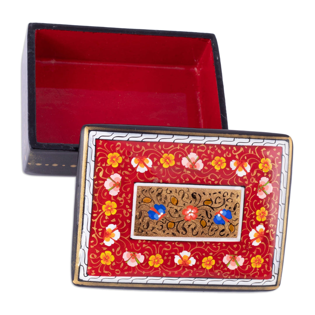 Hand-Painted Lacquered Walnut Wood Jewelry Box in Red Hues - Red Window to the Silk Road