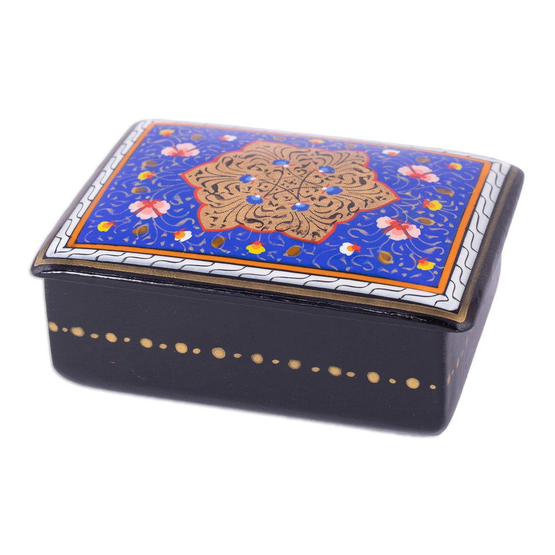 Hand-Painted Lacquered Walnut Wood Jewelry Box in Blue Hues - Blue Window to the Silk Road