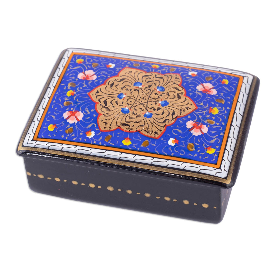 Hand-Painted Lacquered Walnut Wood Jewelry Box in Blue Hues - Blue Window to the Silk Road