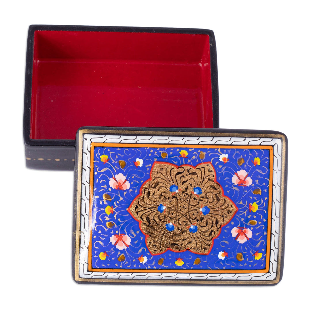 Hand-Painted Lacquered Walnut Wood Jewelry Box in Blue Hues - Blue Window to the Silk Road
