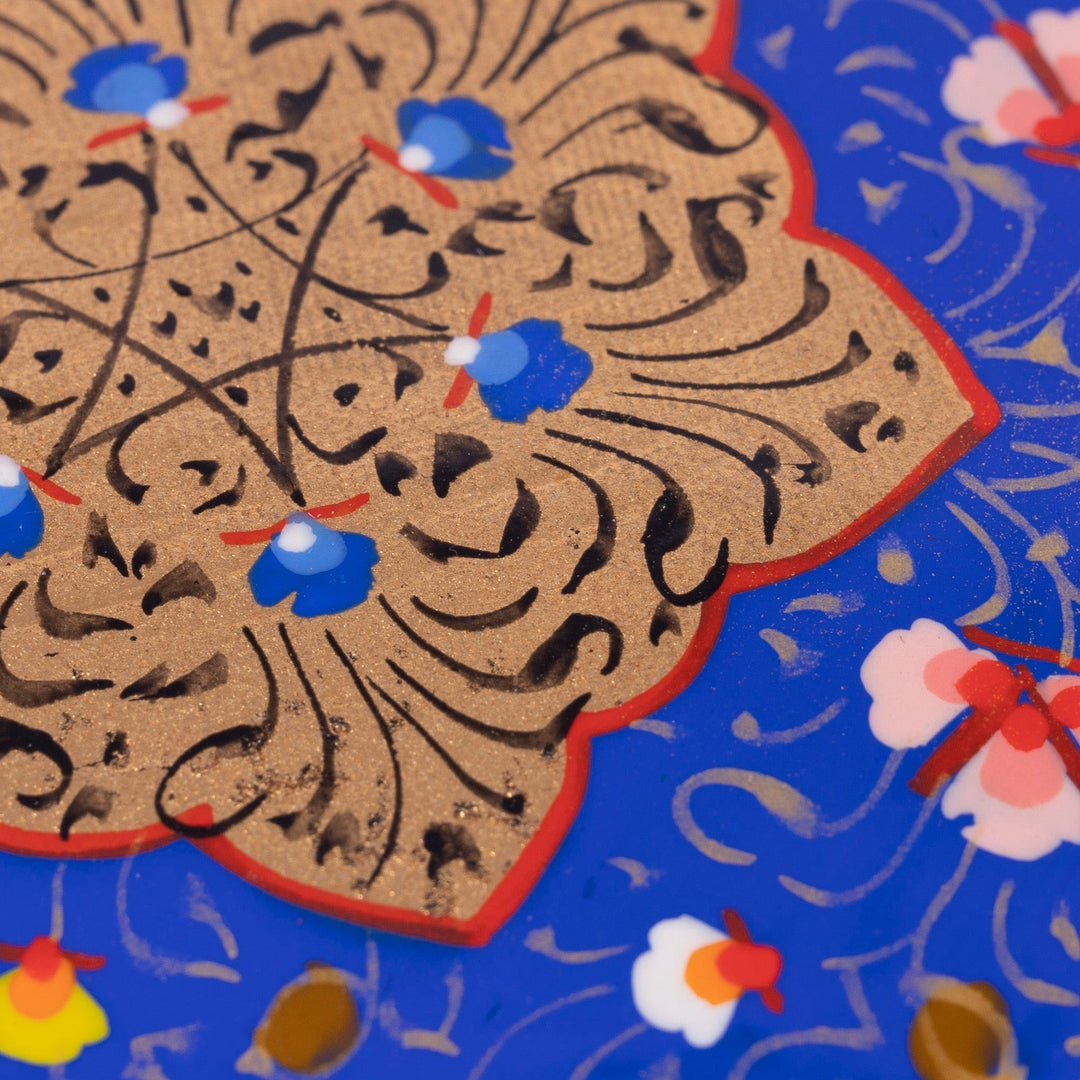 Hand-Painted Lacquered Walnut Wood Jewelry Box in Blue Hues - Blue Window to the Silk Road