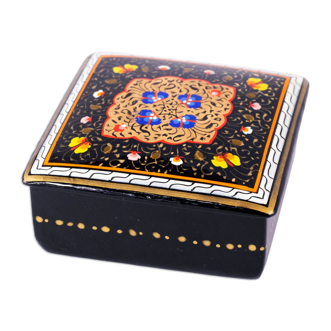 Handcrafted Lacquered Floral Black Walnut Wood Jewelry Box - The Night Aral Flowers