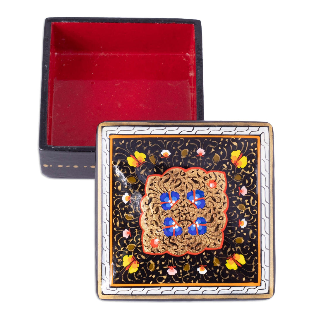 Handcrafted Lacquered Floral Black Walnut Wood Jewelry Box - The Night Aral Flowers