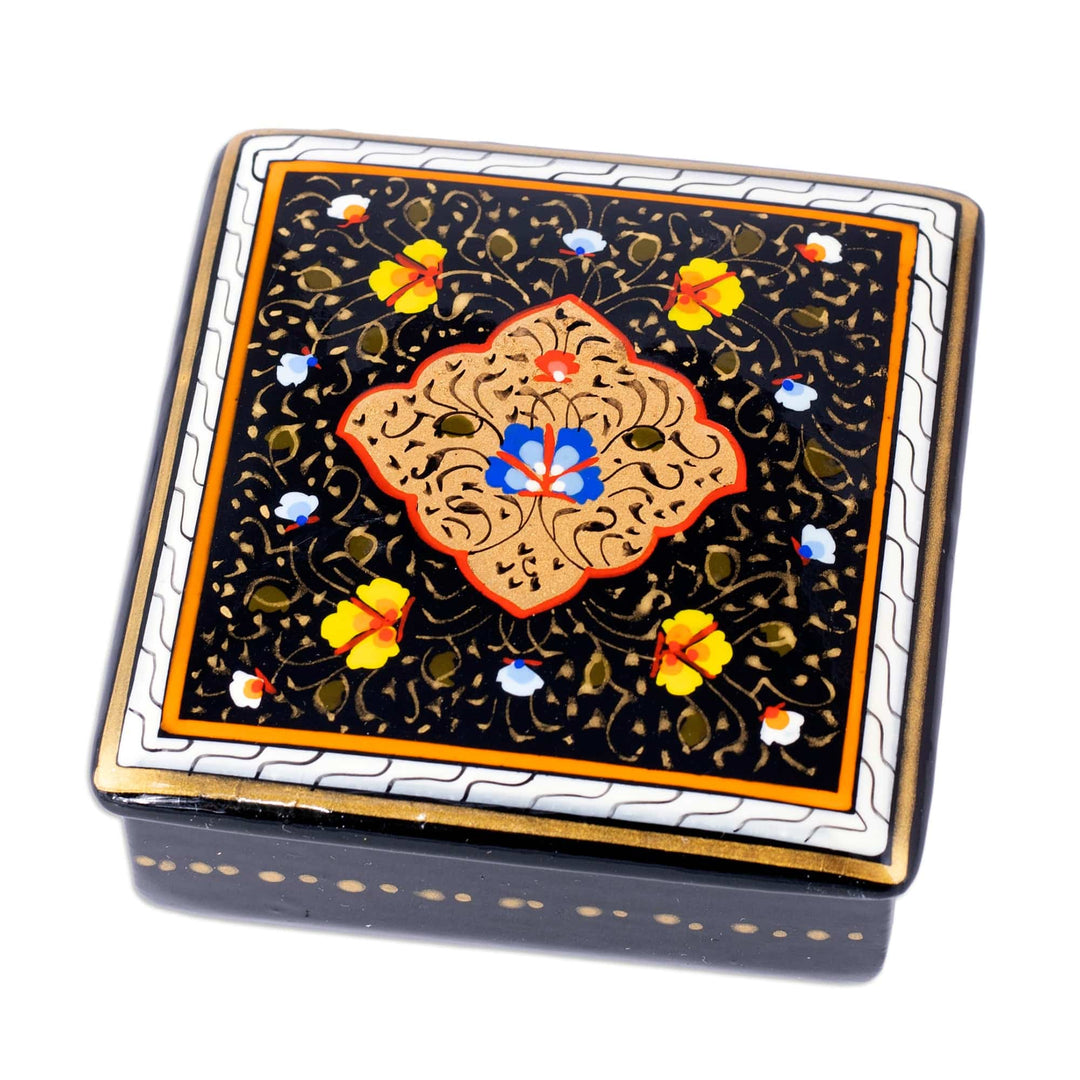 Hand-Painted Lacquered Black Walnut Wood Jewelry Box - The Dark Aral Flowers