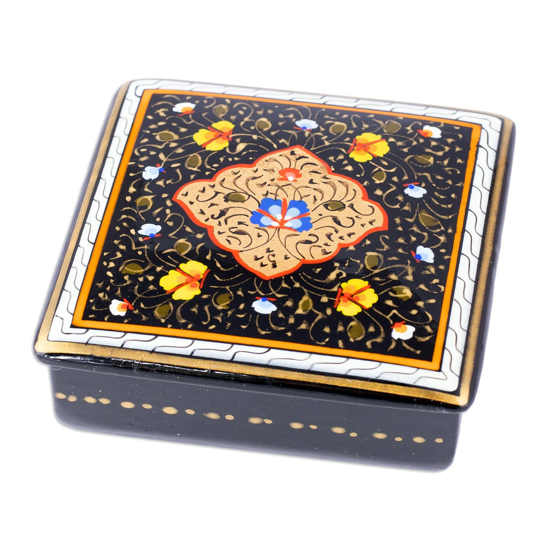 Hand-Painted Lacquered Black Walnut Wood Jewelry Box - The Dark Aral Flowers