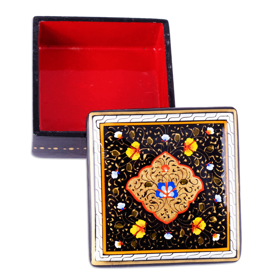Hand-Painted Lacquered Black Walnut Wood Jewelry Box - The Dark Aral Flowers