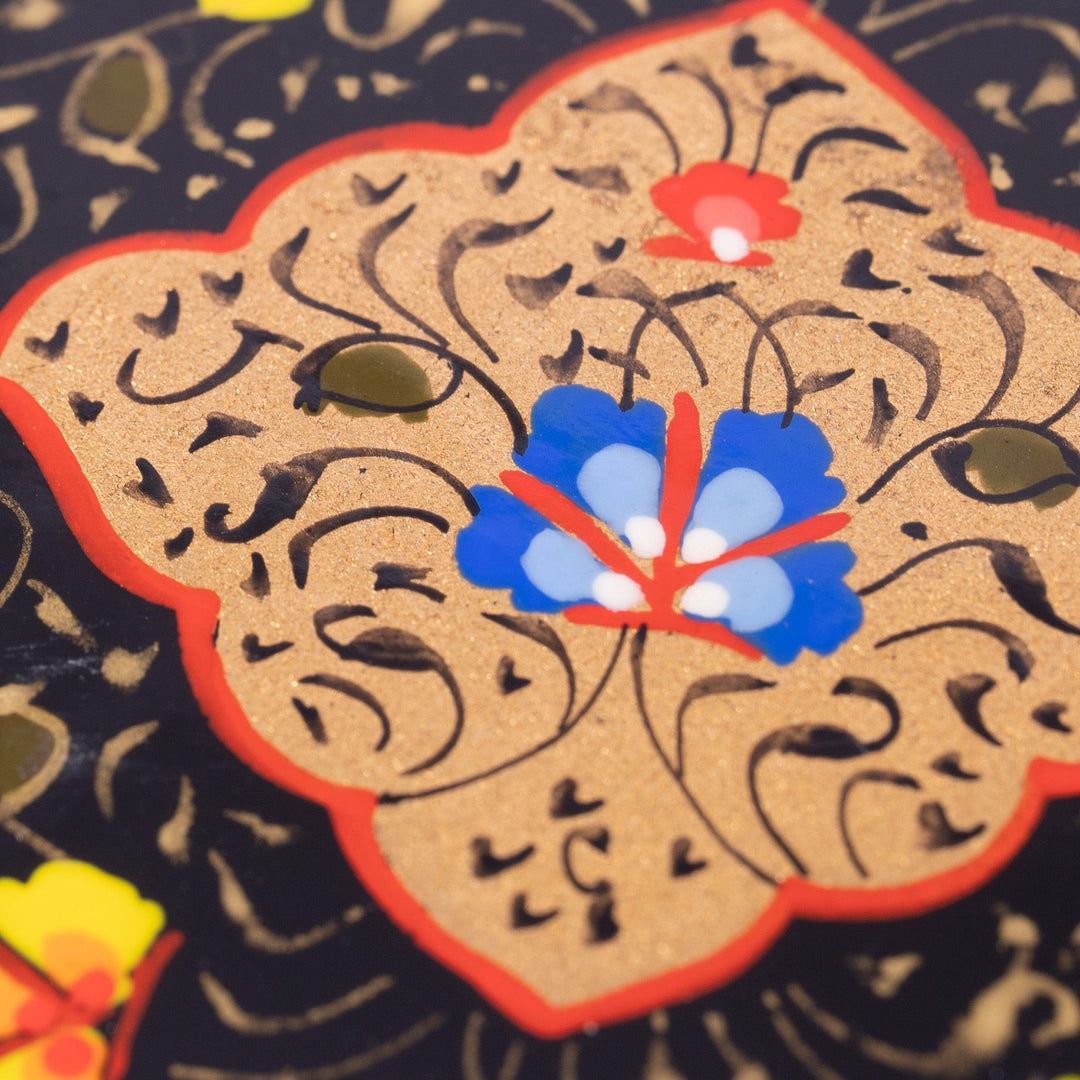 Hand-Painted Lacquered Black Walnut Wood Jewelry Box - The Dark Aral Flowers