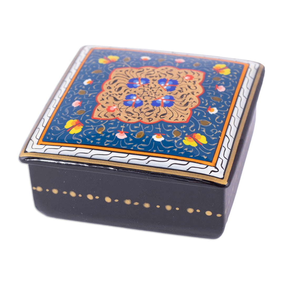 Handcrafted Lacquered Floral Blue Walnut Wood Jewelry Box - The Winter Aral Flowers