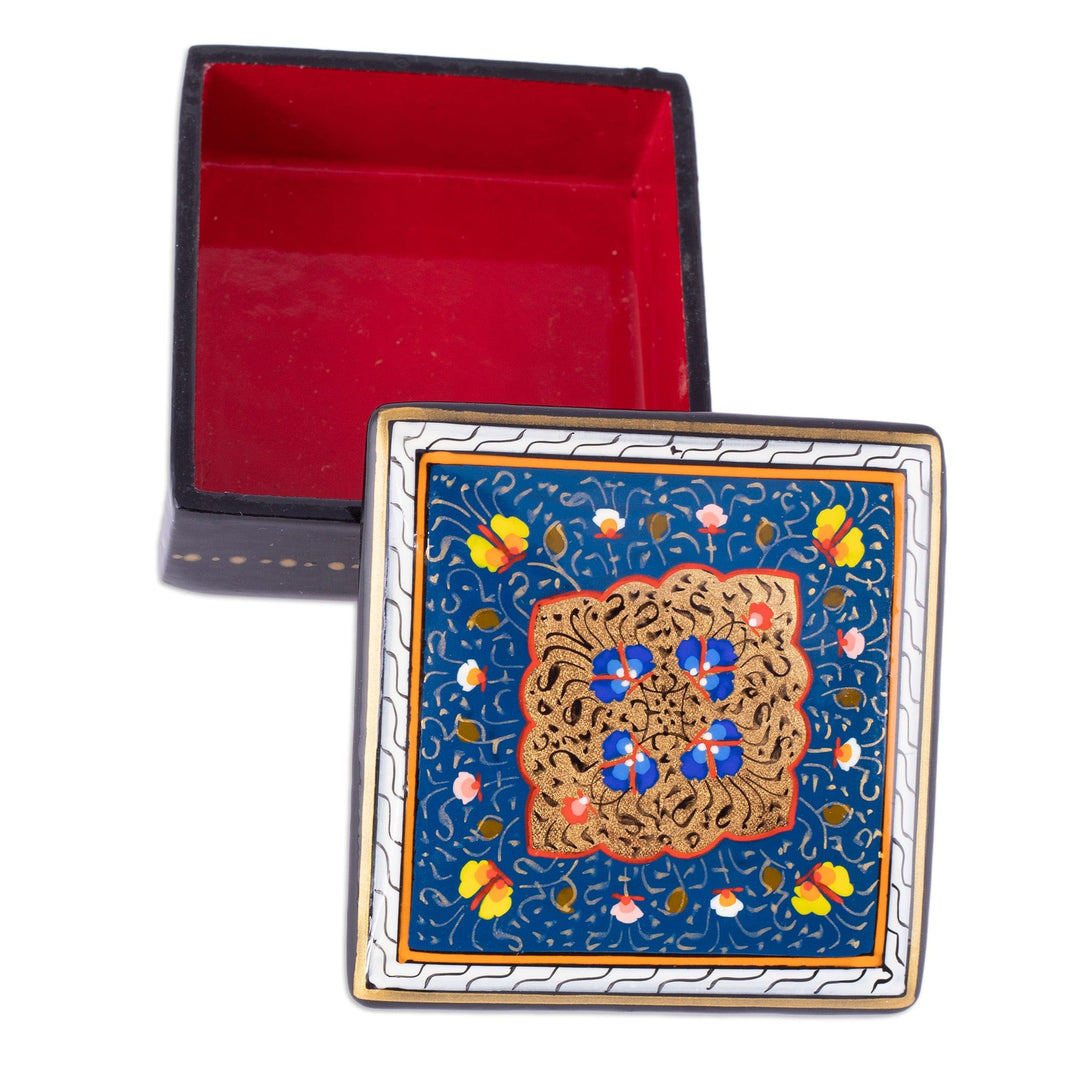 Handcrafted Lacquered Floral Blue Walnut Wood Jewelry Box - The Winter Aral Flowers
