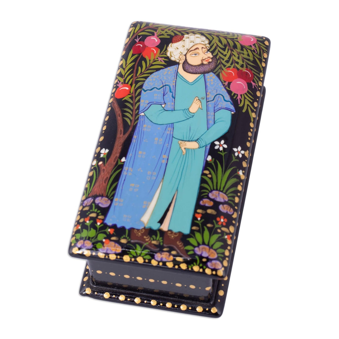 Painted Black Walnut Wood Jewelry Box with Musician Scene - The Musician