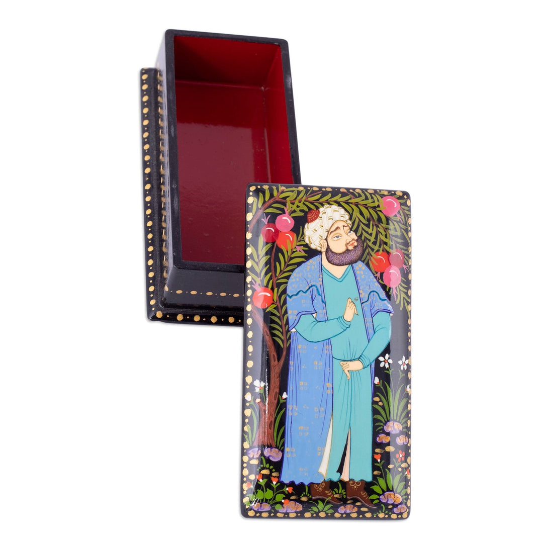 Painted Black Walnut Wood Jewelry Box with Musician Scene - The Musician