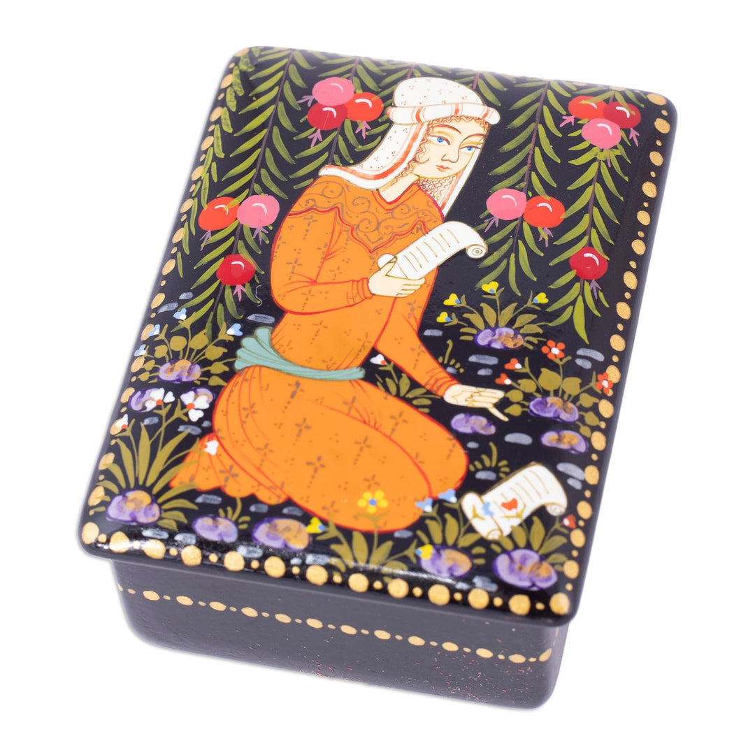 Handmade Lacquered Walnut Wood Jewelry Box with Bride Scene - Memories from the Bride