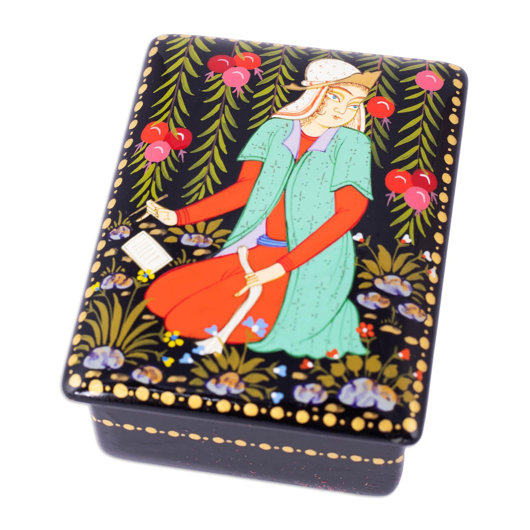Lacquered Walnut Wood Jewelry Box with Maiden Scene - Memories from the Maiden