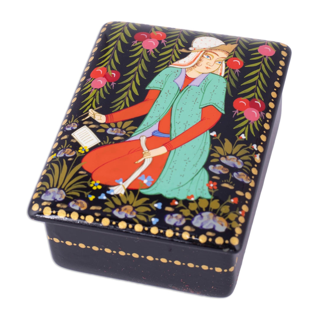 Lacquered Walnut Wood Jewelry Box with Maiden Scene - Memories from the Maiden