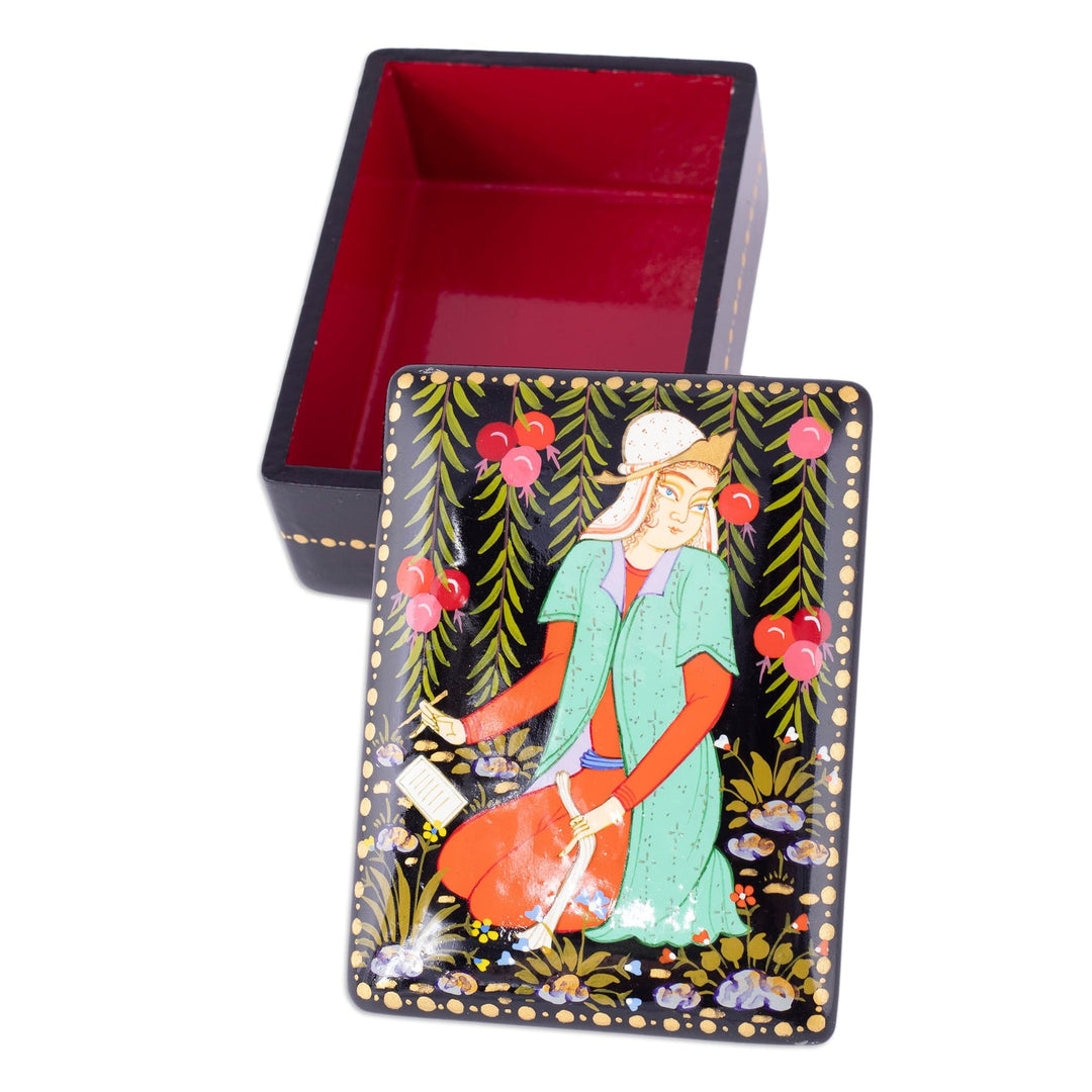 Lacquered Walnut Wood Jewelry Box with Maiden Scene - Memories from the Maiden