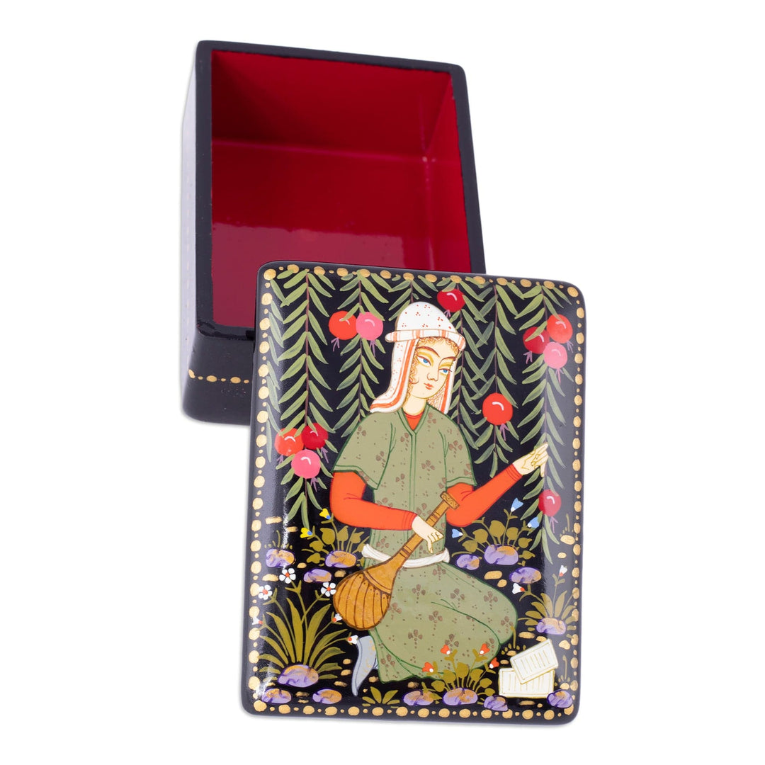 Lacquered Walnut Wood Jewelry Box with Artist Scene - Memories from the Artist